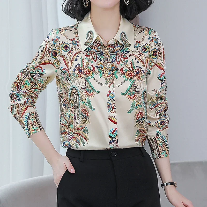 3XL Luxury Print Women Shirt Vintage Button Up Long Sleeve Blouses Office Turn Down Collar Satin Tops Блузки Рубашки