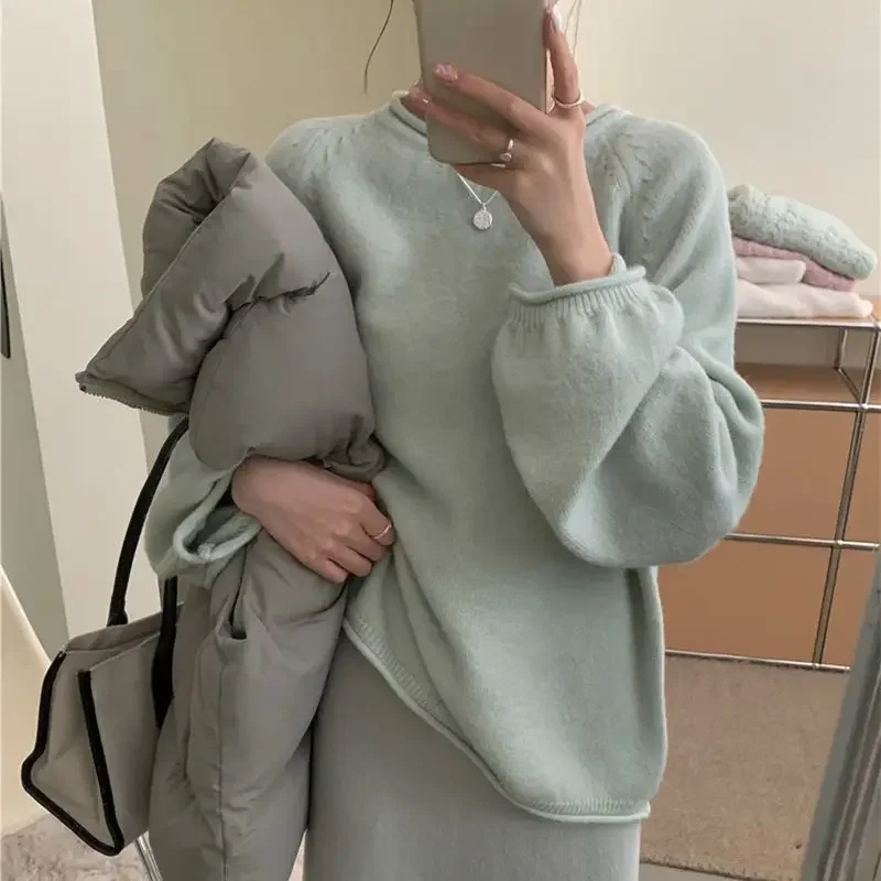 Knitted Long Sleeved Pullover Women Grey Round Neck Loose Sweater Tops 2025 Autumn High Street