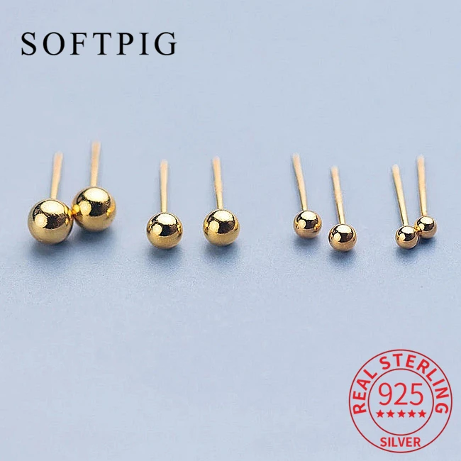 SOFTPIG Real 925 Sterling Silver Minimalist 18k Gold Color Light Ball Stud Earrings For Women Classic Fine Jewelry Ear Piercing