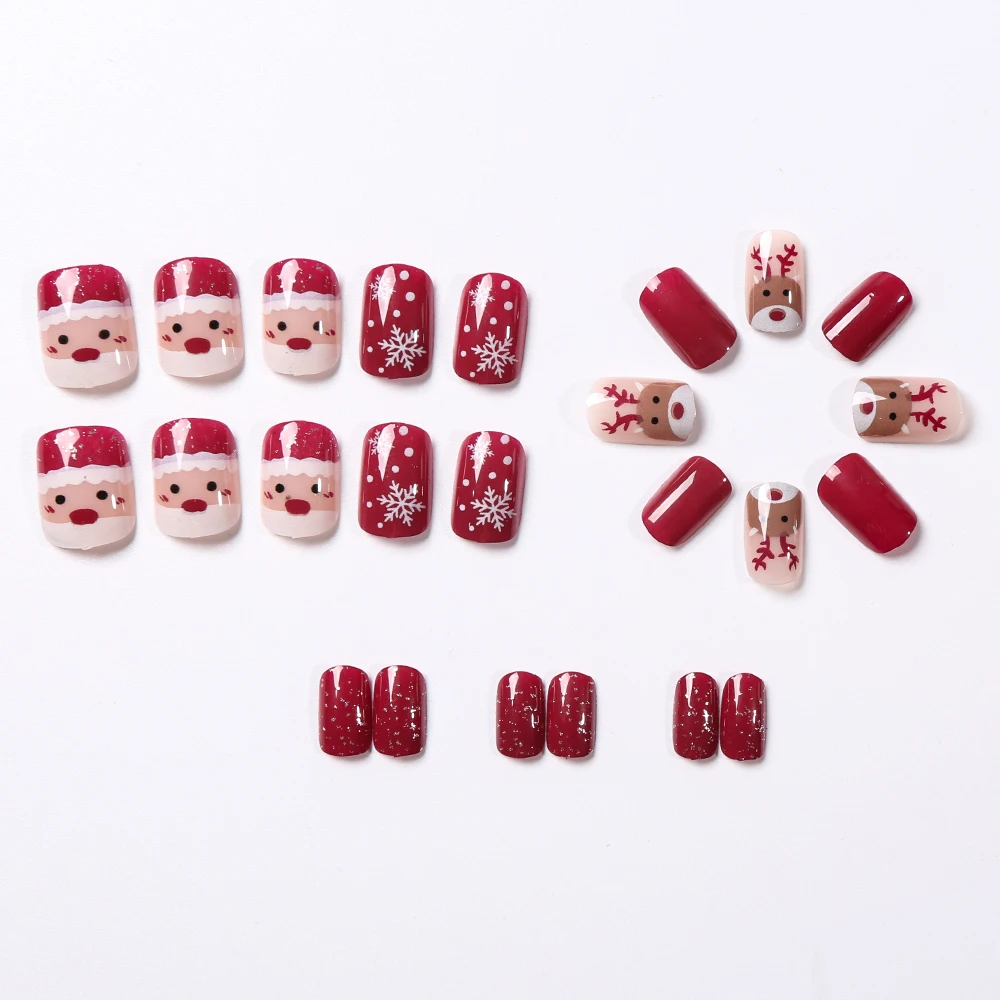 24 pièces mignon noël court carré presse sur ongles père noël Elk dessin animé faux ongles blanc flocon de neige brillant nouvel an faux ongles #
