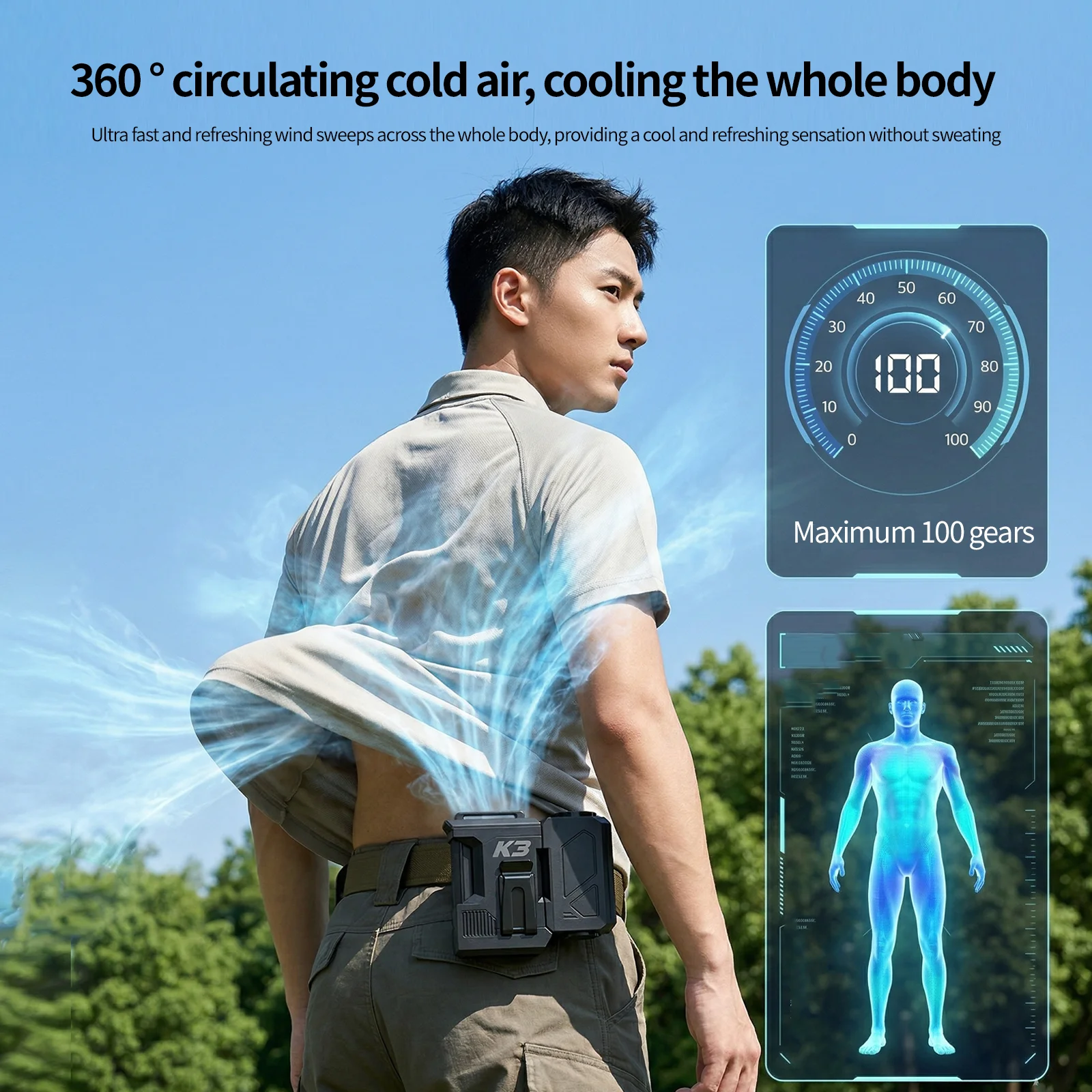 Detachable waist fan with versatile modes, handheld & neck-hanging design, LED digital display, perfect for outdoor workers.k3