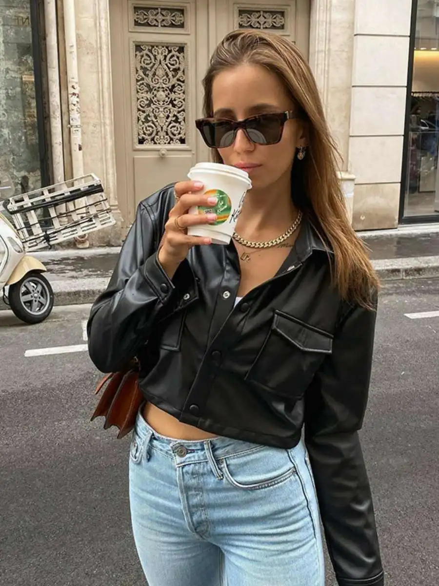 

Faionable Long Sve ort Coat Women's Leather Jaet Belly Baring Sle Autumn Winter New Arrival Ele Women's Coat