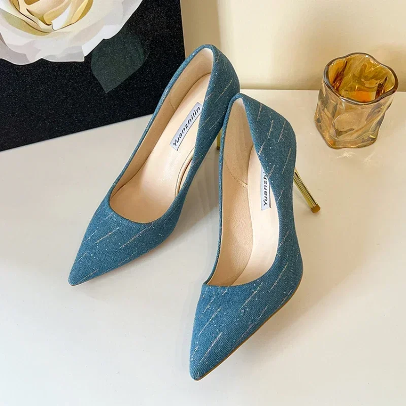 Plus Size Shoes Fashion Women Summer High Heels Wedding Shoes Denim Pointed Stiletto Heel Work Shoes 8cm High Heels