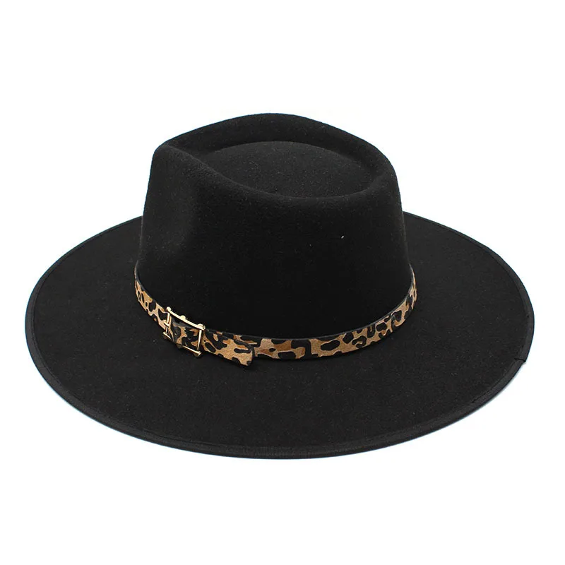 

New Leopard Print Woolen Hat Fedora Hat Retro Black Wool Fedora Hat Flat Brim Broad Brimmed Hat