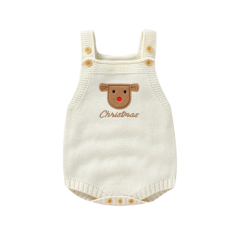 Sleeveless Square-neck Spaghetti Straps Beige Christmas Baby Summer Rompers Knitted Acrylic Newborn Infant Bodysuit Jumpsuit