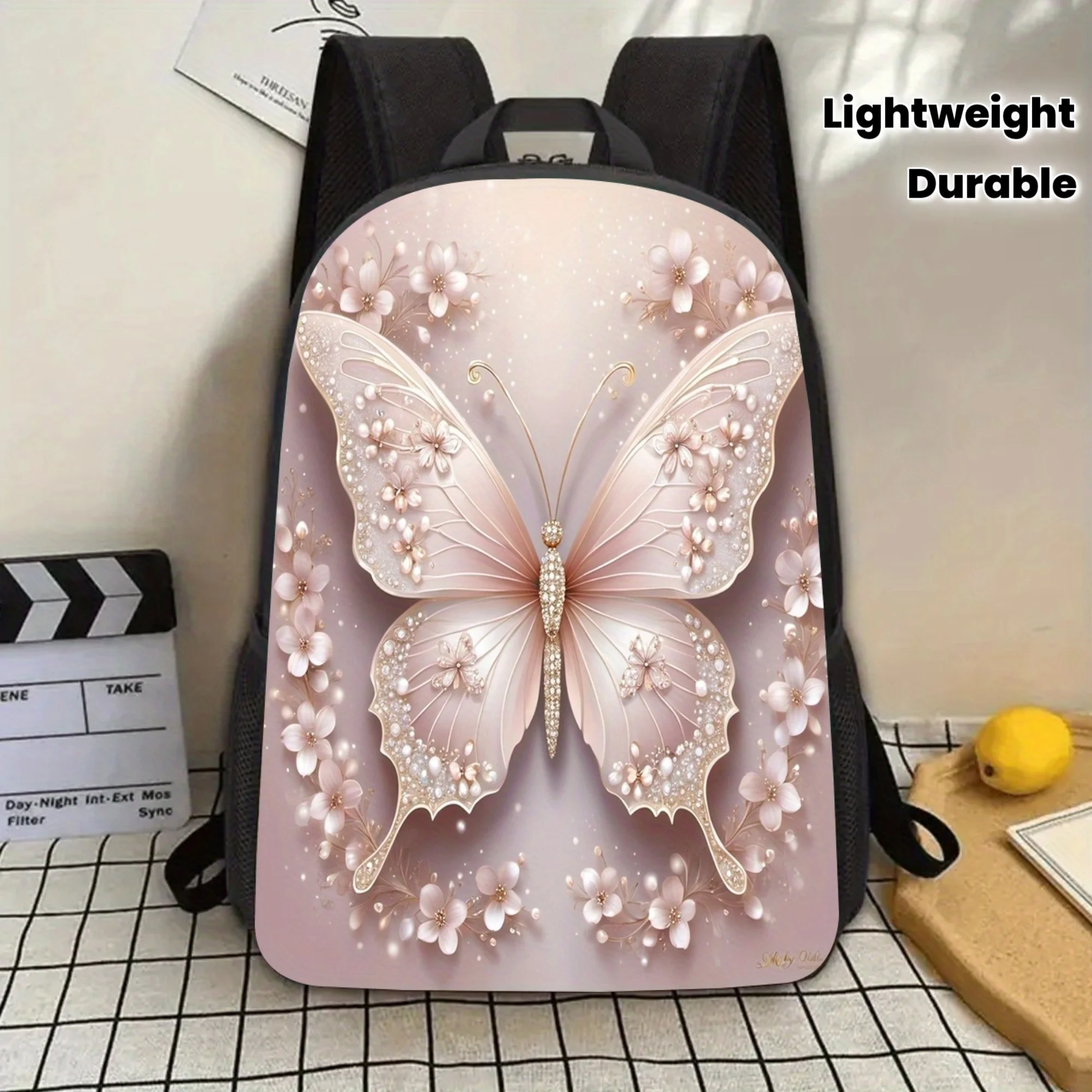 

1 Elegant Butterfly Backpack - 17 "Large Capacity, Lightweight and Durable, Adjustable Shoulder Strap, Pink Floral Butterfly