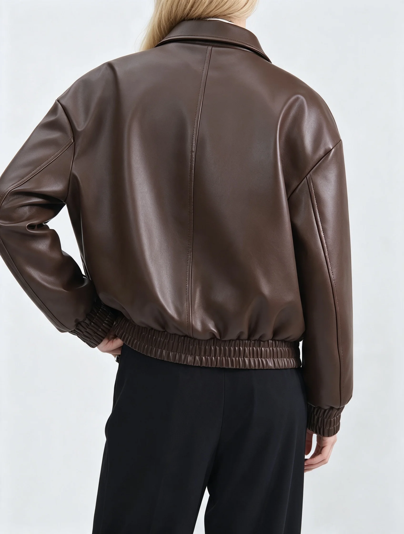 PUAL  Brown faux leather bomber jacket, zipper front, elastic cuffs & hem, relaxed fit vintage outerwear for women 2026