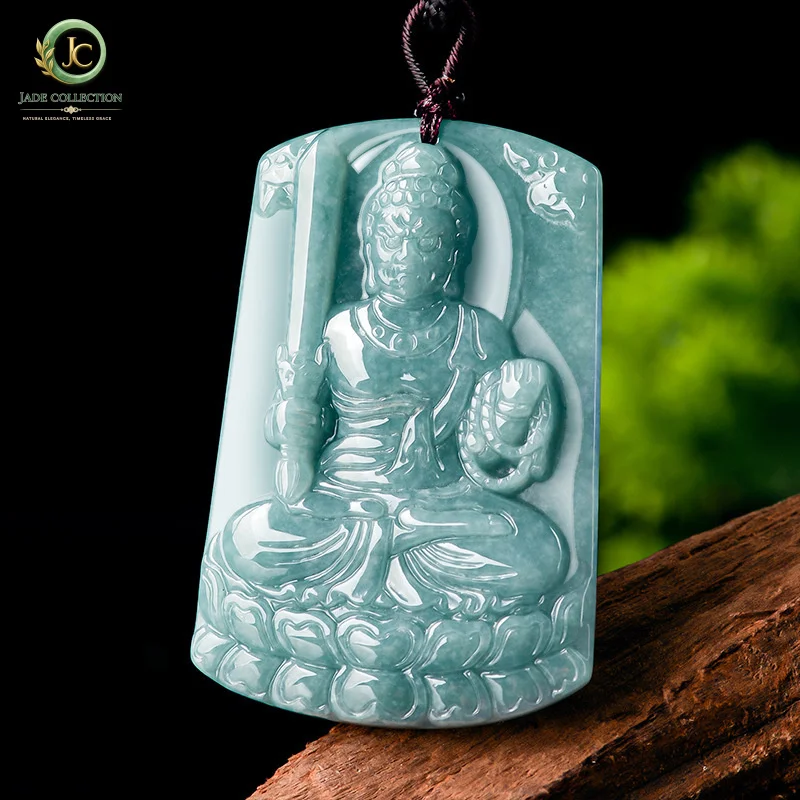 NaturalAGenuine Jadeite Fudo Myoo Blue Water Jade Pendant, Zodiac Rooster Guardian Deity, Nativally Blessed Buddha, Unisex Amule