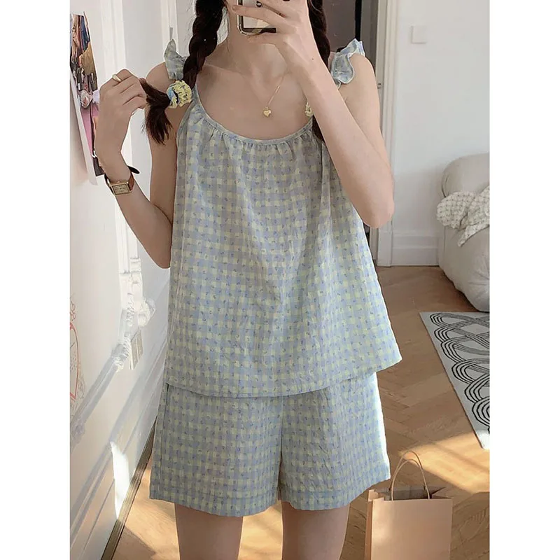 Sleepwear Women Pajama Sets Korean Plaid Pijama Shorts Sets 2 Pieces Sleeveless Night Wears Solid O-neck Ruffles Home Suit 2024