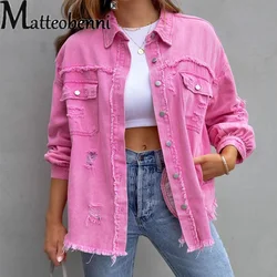 Chaqueta vaquera con bolsillo de empalme para mujer, abrigo holgado de manga larga con solapa, de un solo pecho, Color dulce