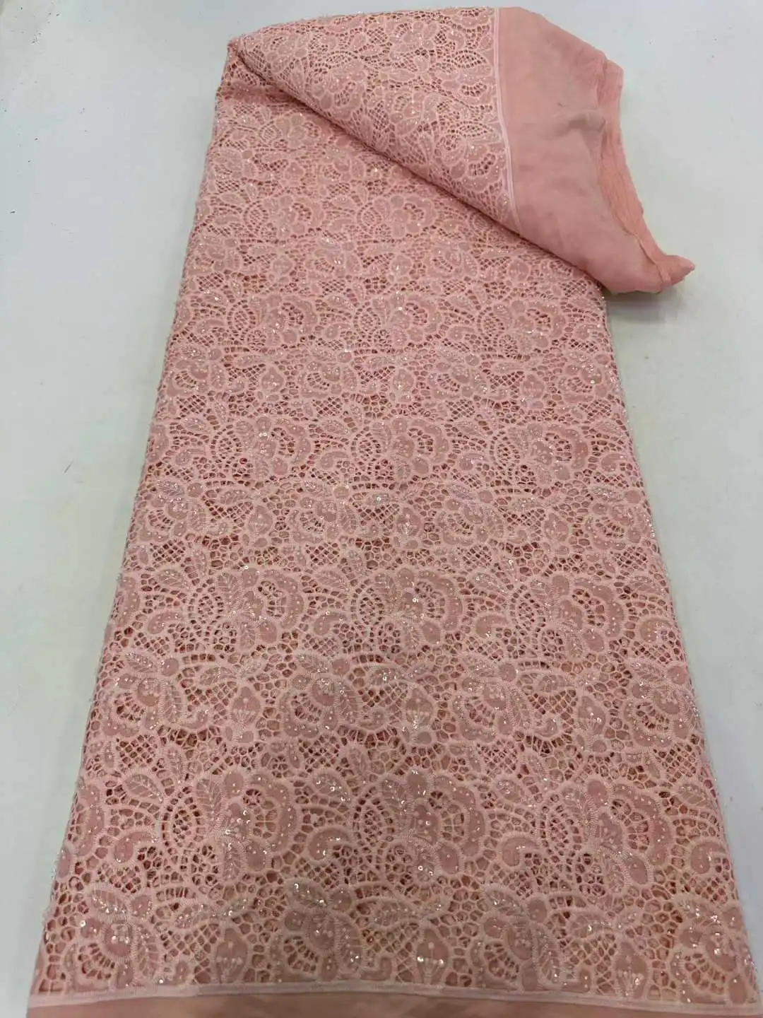 5Yards Nigerian Guipure Cotton Beads Lace Fabric 2025 High Quality Sequins African Milk Silk Embroidery Lace Fabric Women A1794