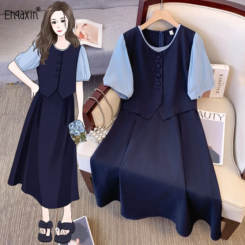 

EHQAXIN2024 Summer New Women's Dress Fashion Korean Style Simple Splicing Gentle Short Sleeve A-Line Button Dresses S-3XL