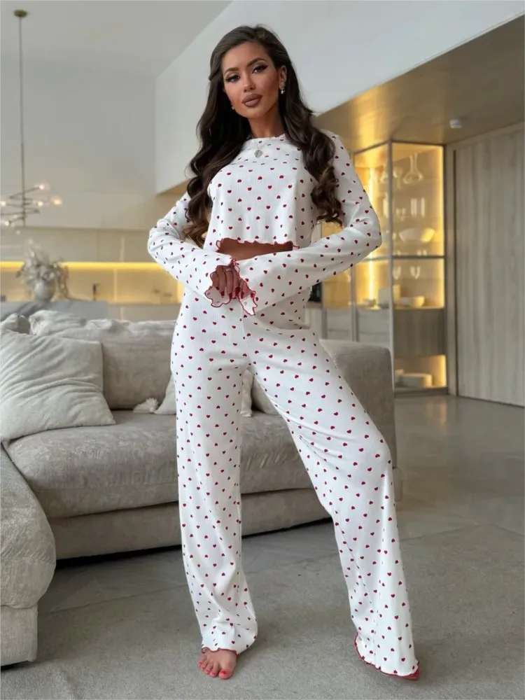 Pigiama Set a due pezzi per donna Stampa moda O-Collo Maniche lunghe Top Pantaloni lunghi Abito Primavera Autunno Donna Casual Nighty Outfit