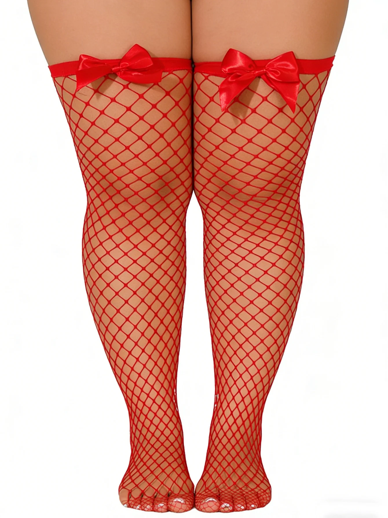 Rote Netzstrümpfe für Damen mit Satinschleife, Sexy Transparente Strümpfe für Party- und Nachtclub-Outfits – Detail 2