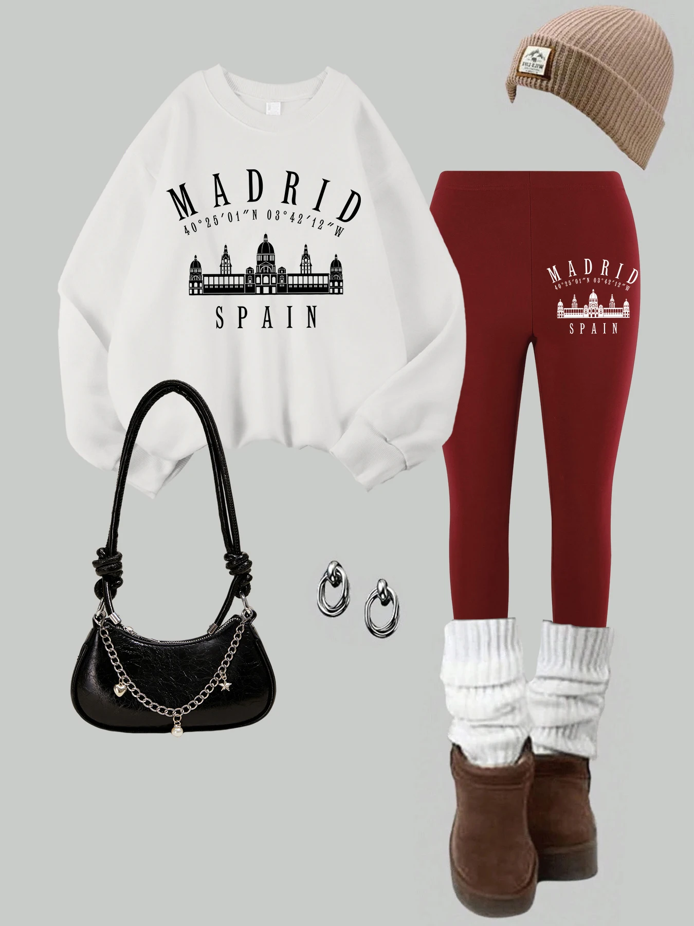 

2 Piece Womens Madrid Spain Printing Sweatshirts Leggings Set Autumn Winter Thermal Warm Hoodies Pants Casual Womans Clothes