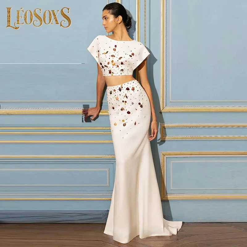 LEOSOXS New Fashion Heavy Industry Shell Nail Bead Diamond Set Round Neck Sleeveless Short Top+Nail Bead Fish Tail Half Skirt Se