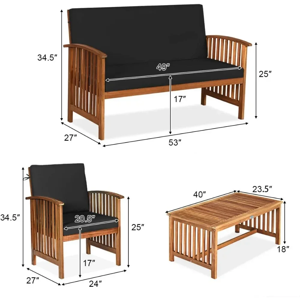 Set di divani da esterno in legno di acacia da 4 pezzi con cuscini resistenti all'acqua, set da chat imbottito per posti a sedere da patio con tavolino da caffè per giardino, cortile