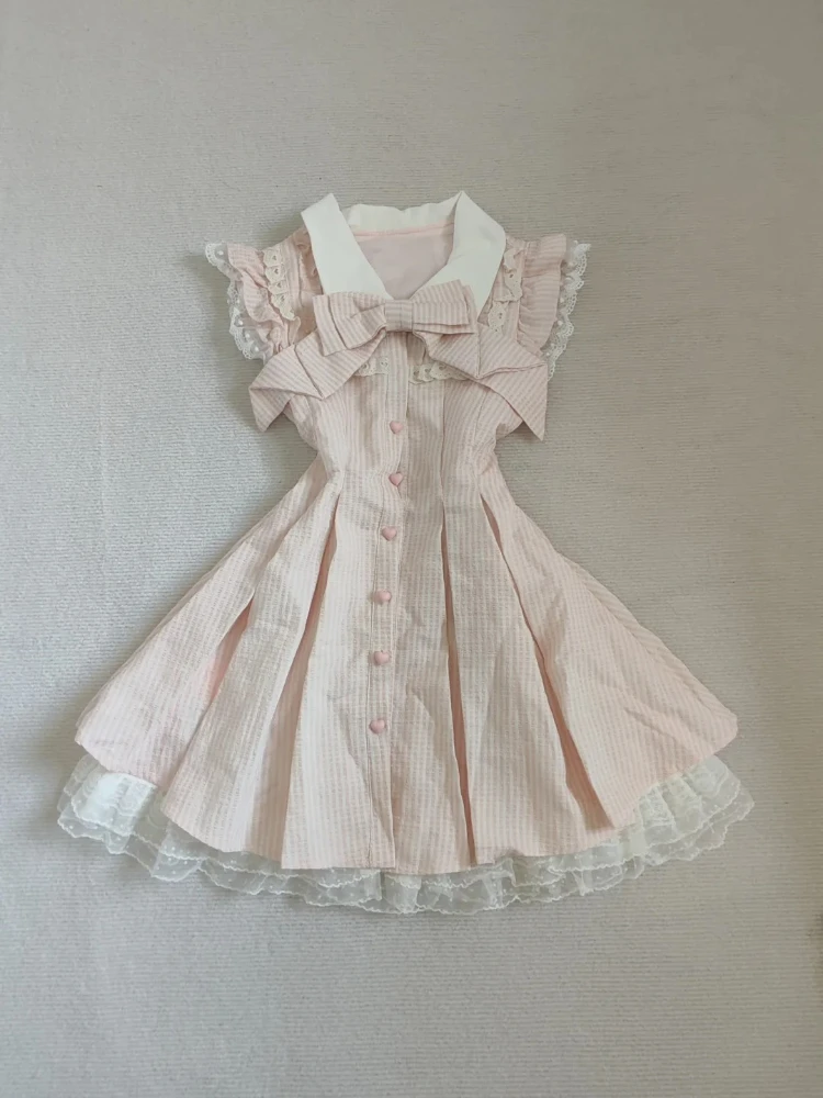 Robe japonaise élégante à rayures Kawaii pour femmes, tenue de princesse Y2k avec nœud mignon, Harajuku Chic en dentelle, vêtements populaires coréens