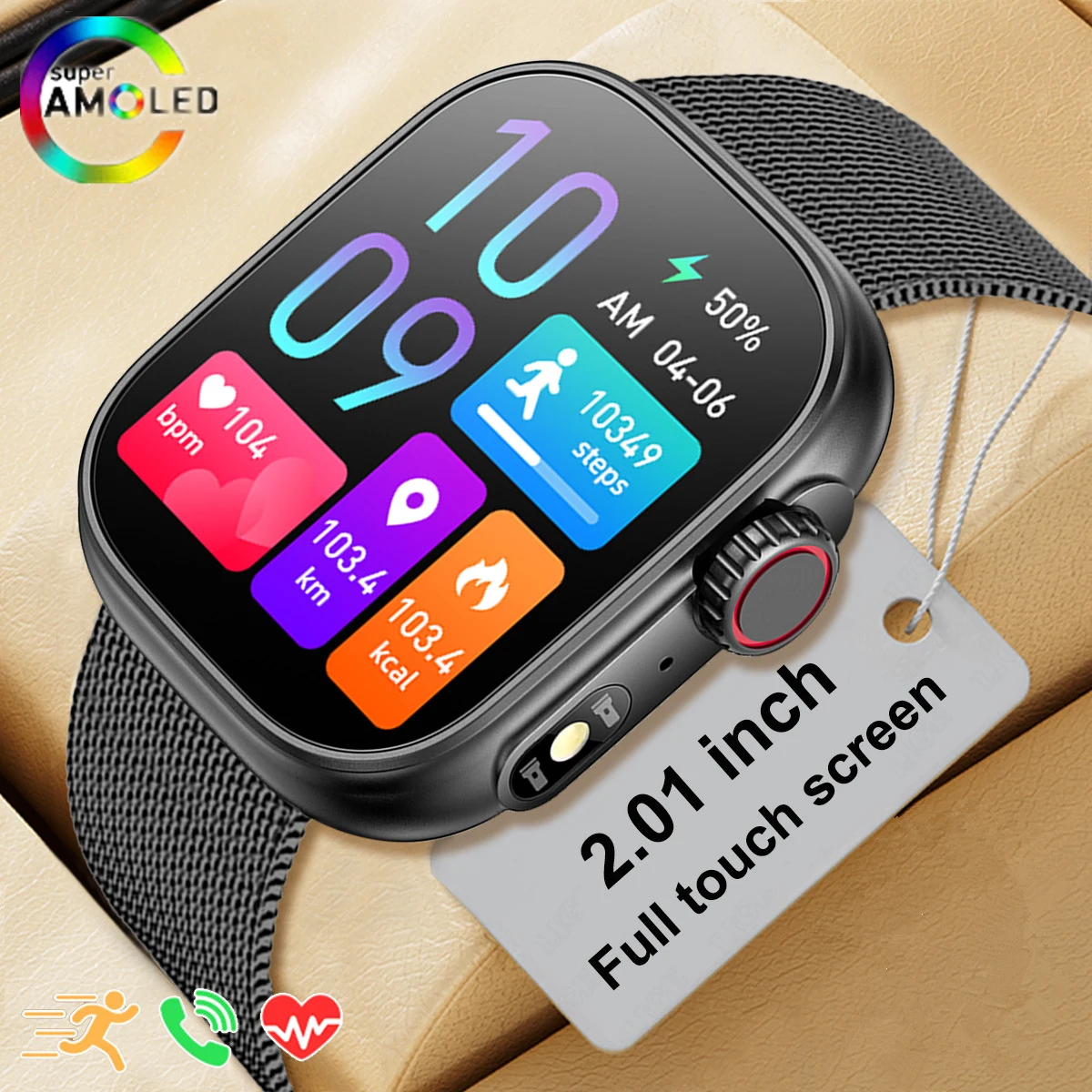 2023 Lighting LED Torch Smart Watch 2.01Inch Full Touch Screen Sport Watch Health Monitoring Bluetooth Call Smartwatch Men Women