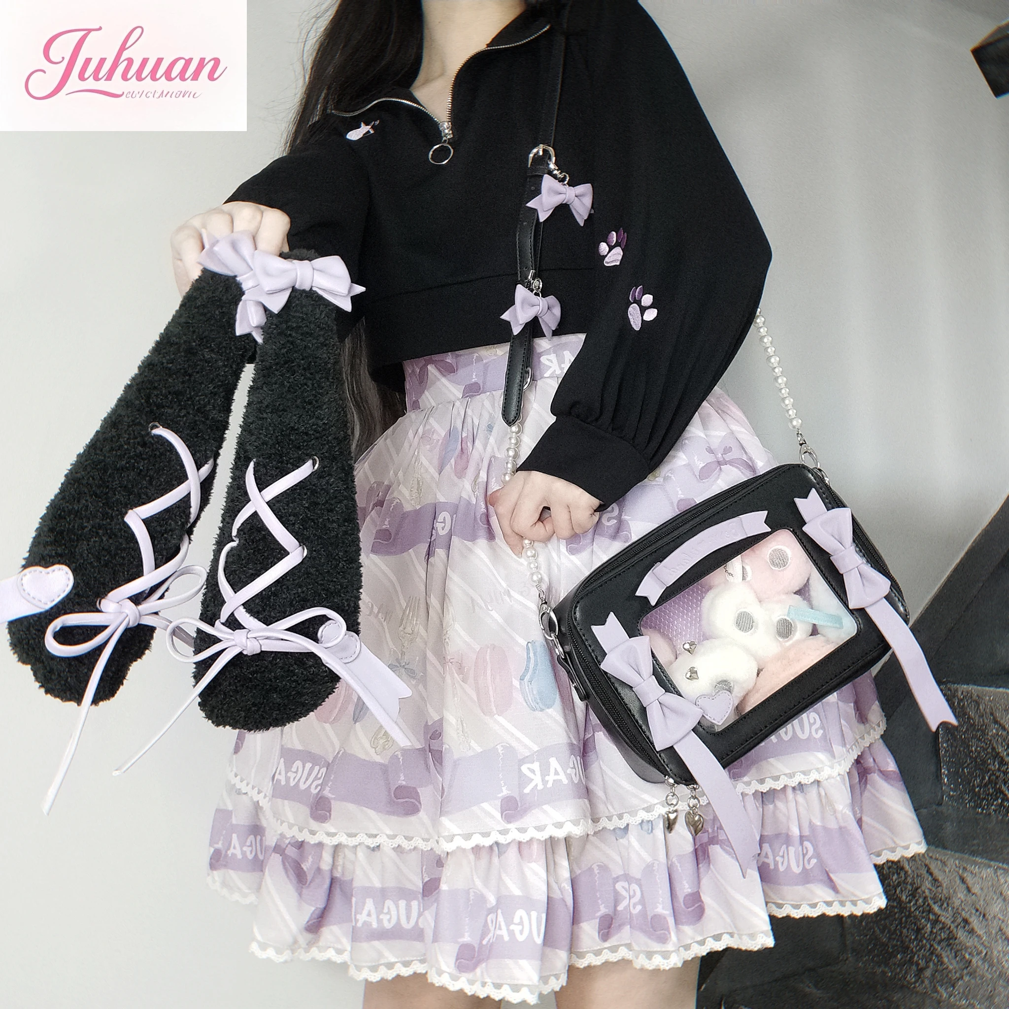 اليابانية لوليتا حقائب الفتيات الحلو القوس بولي PU حقائب كتف 2025 آذان أرنب طويلة Kawaii Crossbody lta حقيبة شفافة لطيف بولسا
