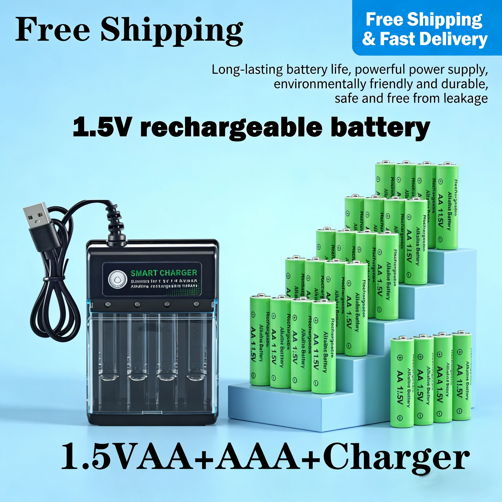 

1.5V AA AAA Rechargeable Battery Set 9800mAh + 8800mAh Li-ion Lithium Batteries with Charger for Gamepad, Mouse, Camera, Toy