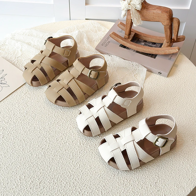 Children Toes Capped Roman Sandals Non Slip Soft Sole Kids Casual Hollow Out Sandals Boys Girls Summer Beach Shoes Leather