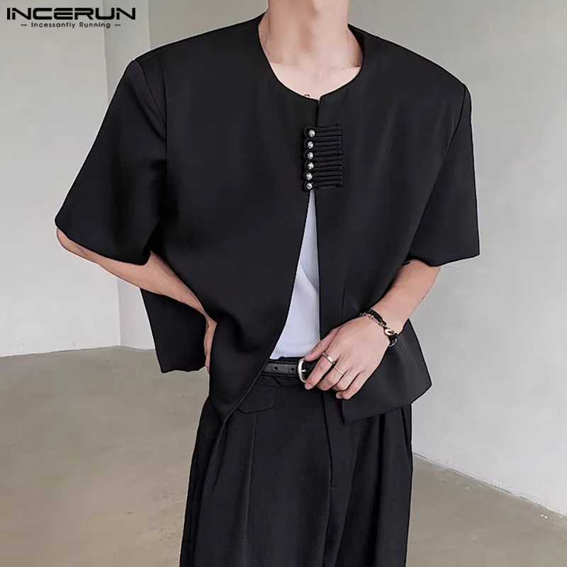 INCERUN Tops 2024 Korean Style Fashion Mens Buckle Suit Coats Casual Simple Male Solid Cropped O-neck Short Sleeved Blazer S-5XL