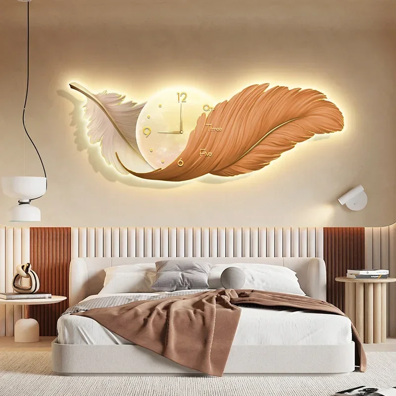 Imagem -02 - Criativo Led Relógio Lâmpada de Parede Sala de Estar Quarto Cabeça de Cama Sofá Corredor Decoração Pendurado Imagem Pena Pintada