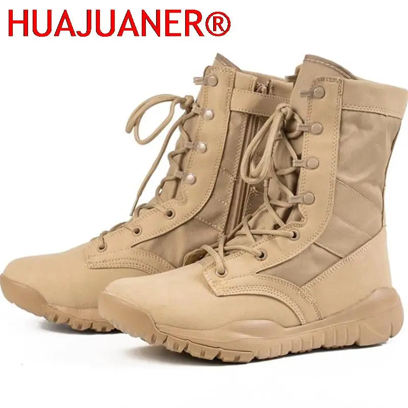Botas militares transpirables de verano para hombre y mujer, botas tácticas de Paintball Airsoft con cremallera lateral, botines de combate en el desierto para hombre