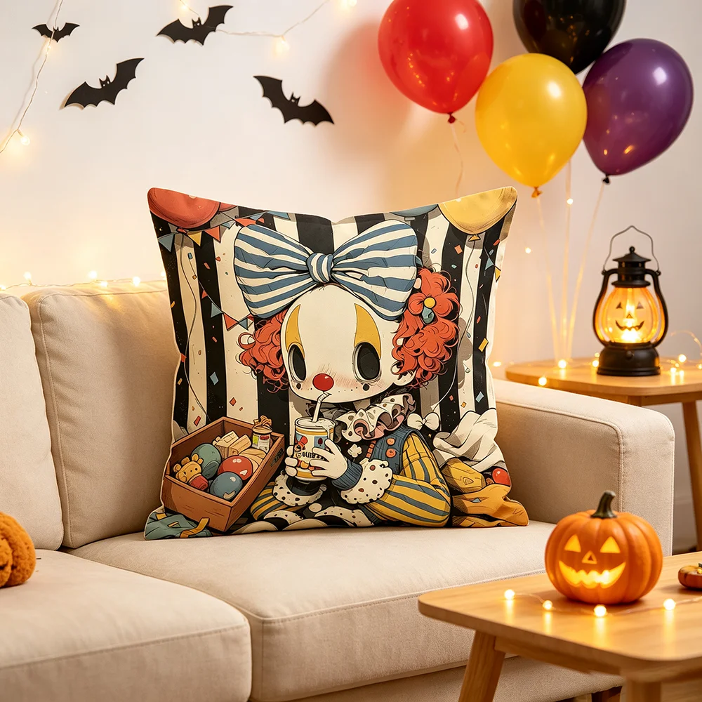 1PCS Digital Print Pillow Covers, Cushion Covers, Cute Retro Clown Sipping Drink Balloons Fun Circus Party Halloween Decor