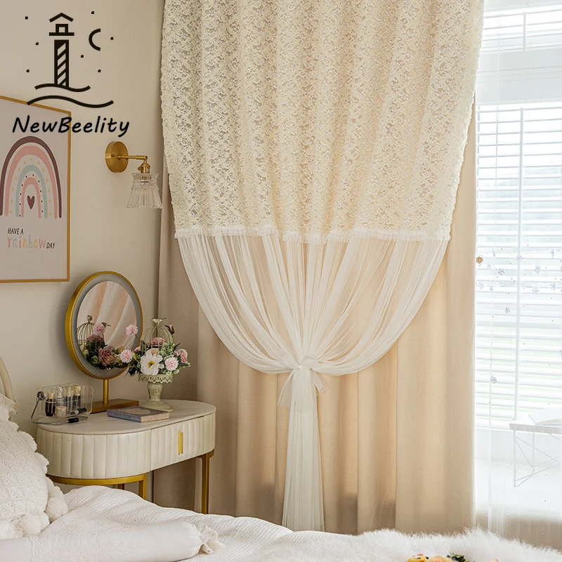 

French Luxury Princess Room Cloth Yarn Integrated Wedding Curtains for Living Room Bedroom Girl Room Lace Relief Tulle Decor