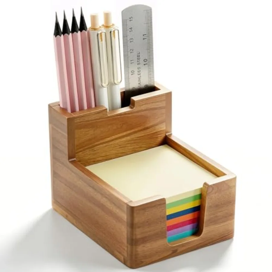 

Acacia Wood Sticky Note Holder with Pen Slot, 3x3 Sticky Note Dispenser for Desk, Non-Slip Pads Office Storage Organizer
