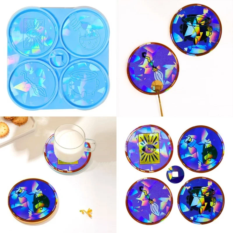 Halloween Holographic Laser Magic Potion Coaster Set Silicone Mold DIY Handmade Jewelry Storage Tray Decoration Resin Mold Craft