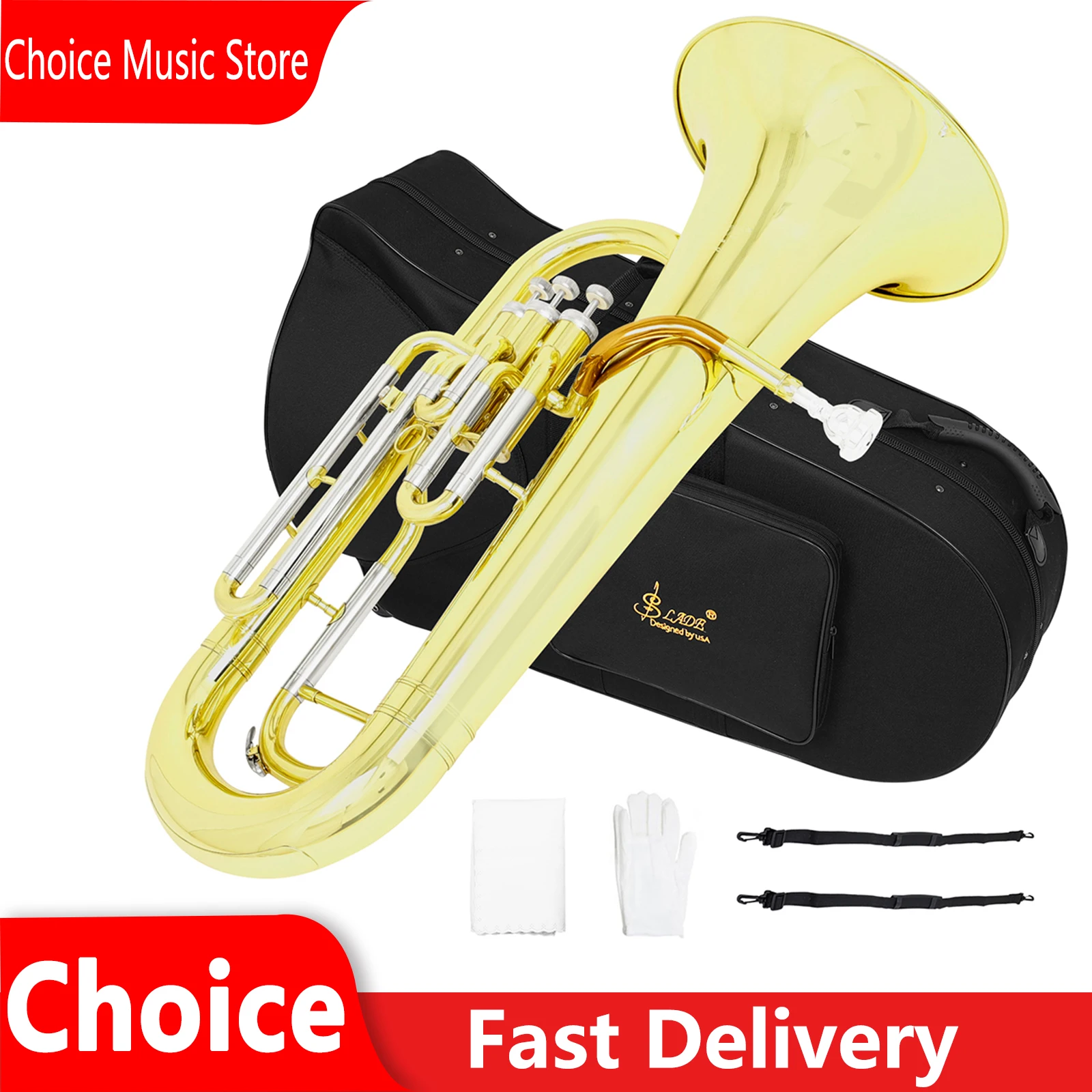 

SLADE Bb B Flat Euphonium 3-key Brass Baritone Horn Lacquered Gold Professional With Case Strap Cloth Euphonium Brass Instrument