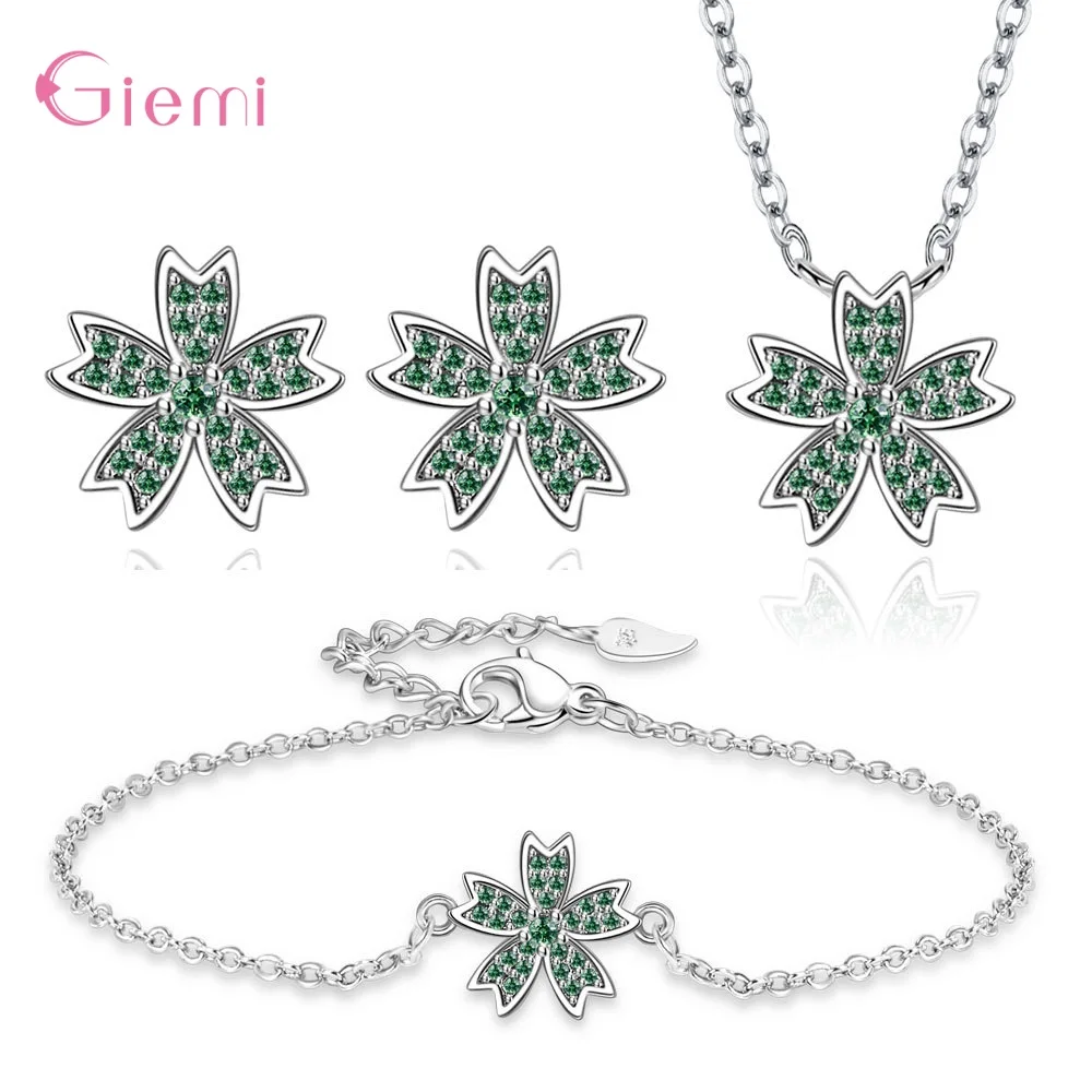 925 Sterling Silver Necklace Earrings Bracelet Bridal Jewelry Sets for Woman Female New Trendy Sakura Flower with Zircon Stone