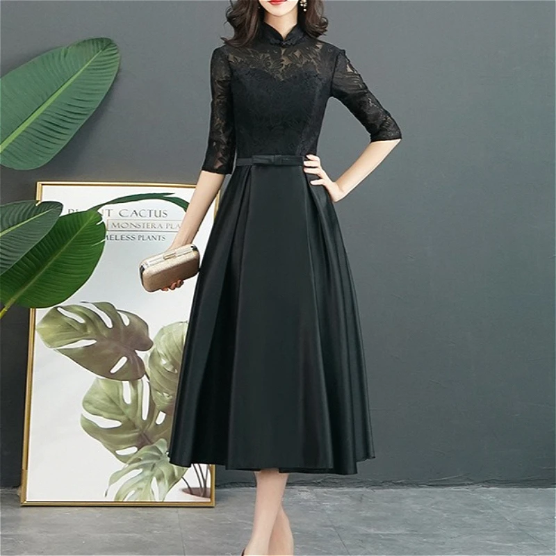 

Women Long Dresses Gown Dress Vestidos Y2k Streetwear Elegant Splice Party Night Lace Floral Tight Waist Bow Slim Fit Evening
