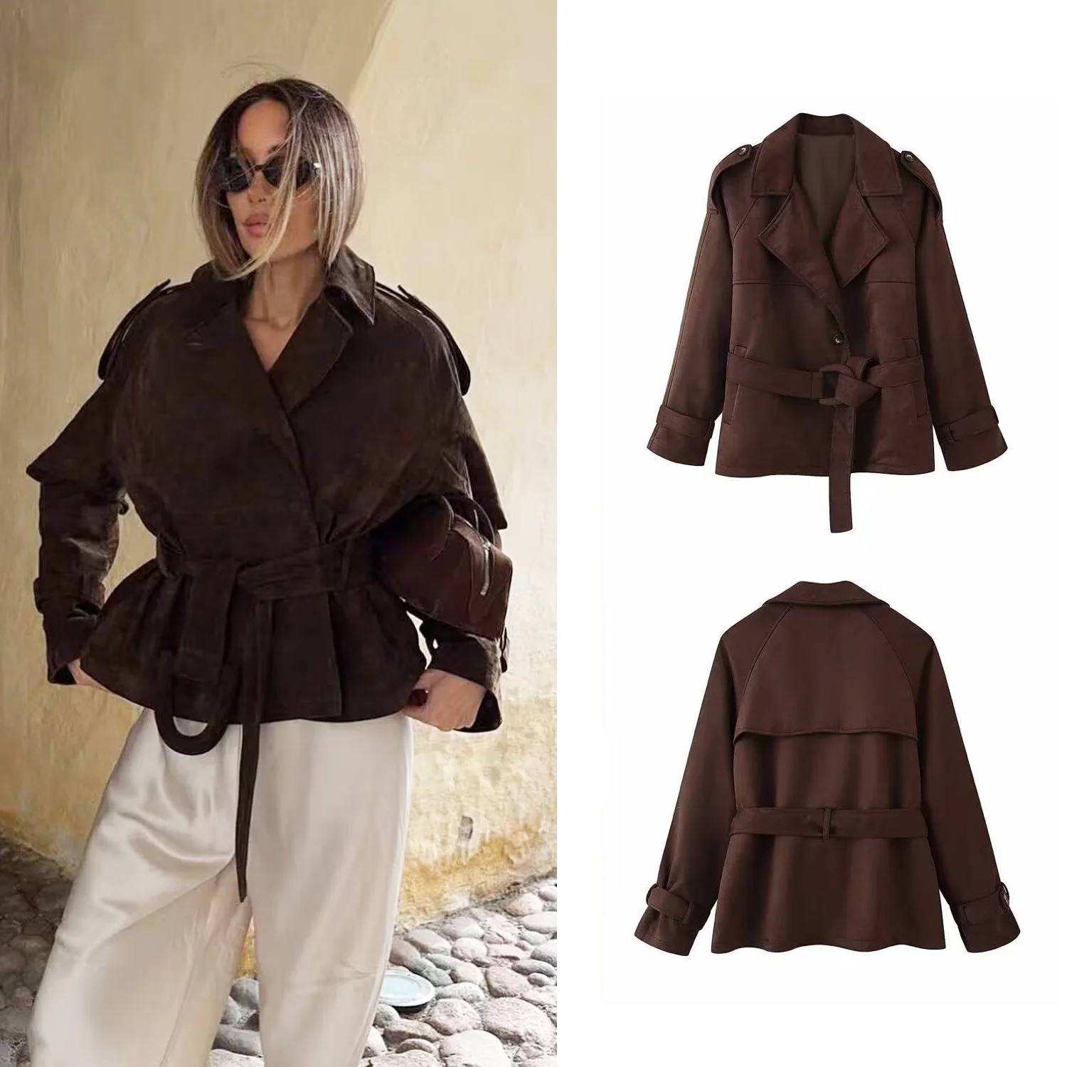 المرأة ريترو شيك براون الجلد المدبوغ اقتصاص خندق سترة مع حزام الإناث بدوره إلى أسفل طوق الدانتيل متابعة الخريف الشتاء ملابس خارجية سترة حريمي