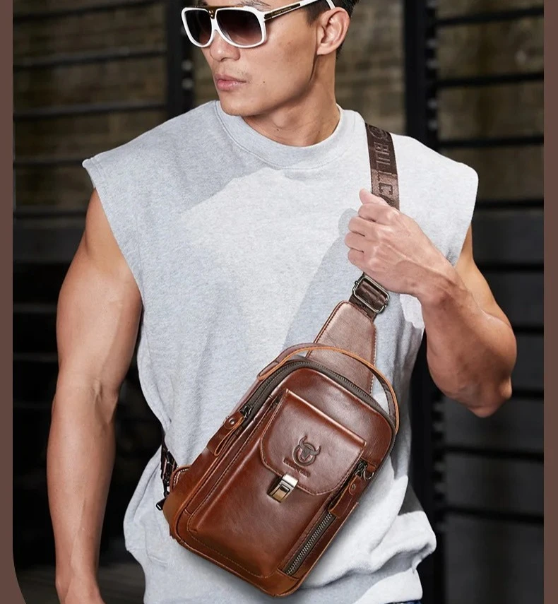 Large capacity real leather chest bag one shoulder multi-pocket large capacity cross-body men's handheld flat chest bag