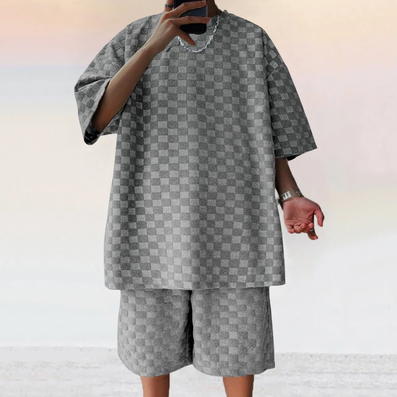 2024 Spring Summer Casual Two Piece Set Male Short Sleeve O Neck Cotton T Shirt And Shorts Beach Suits Men Fashion Plaid Outfits