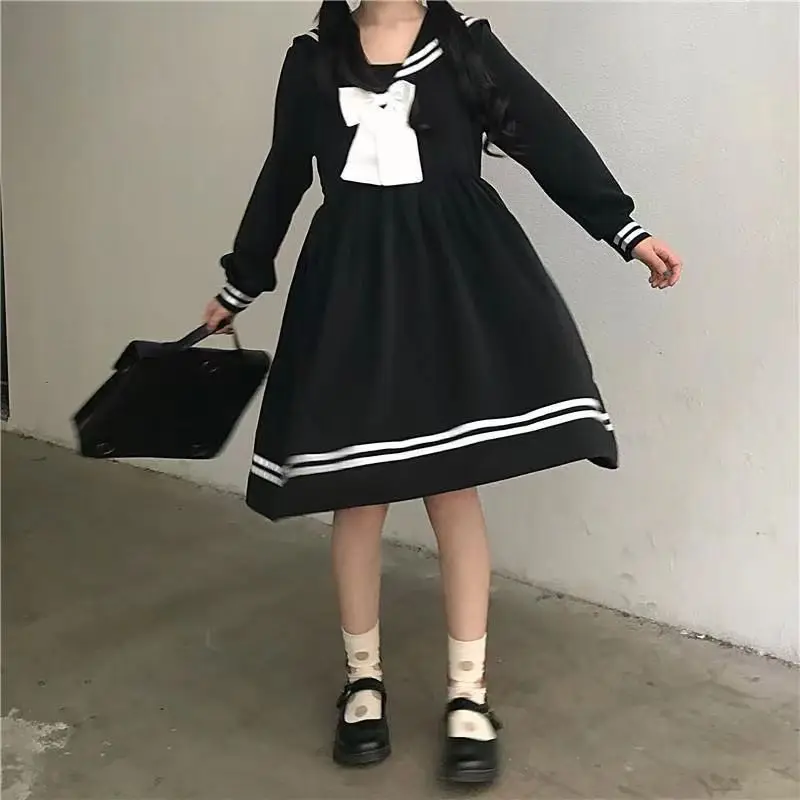 Preppy Style Korean Loose Long Sleeve Spring Autumn New Sailor Collar Bow Sweet Age Reduction Solid Color Vintage Dress Female