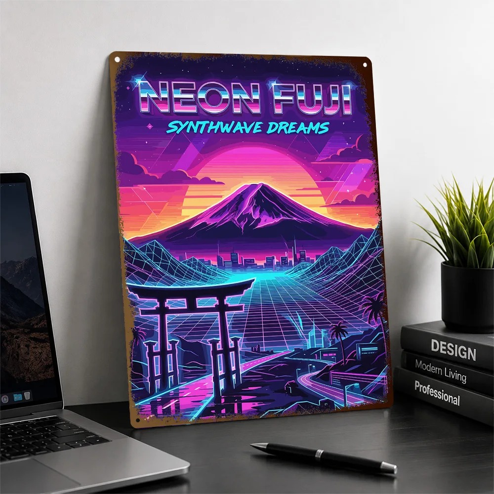 Neon Fuji Synthwave Dreams Aluminum Poster Personalized Metal Sign Wave Horizon Wall Art Suited To Bedrooms And Cyberpunk Fans