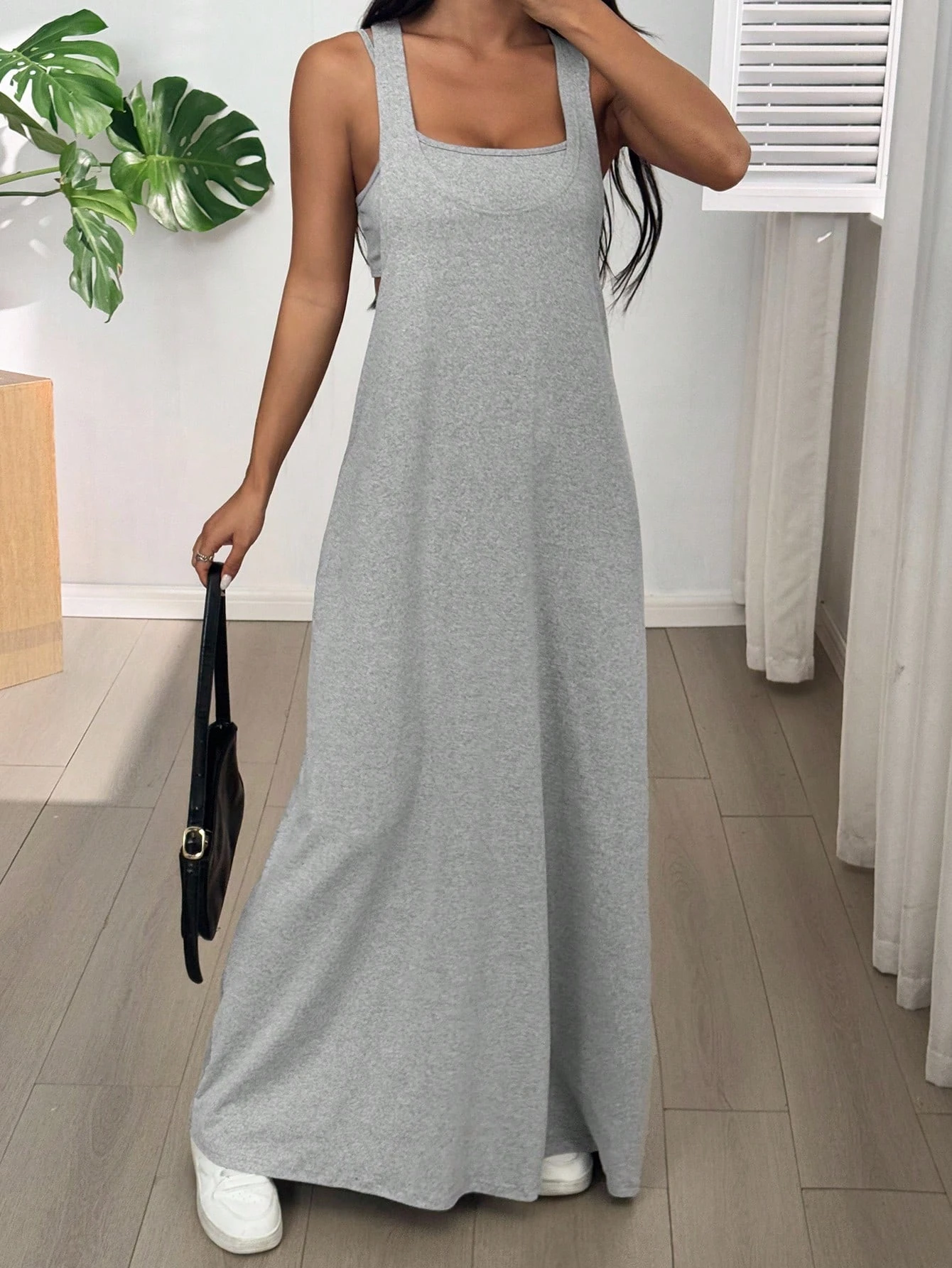 Women's 2 Piece Maxi Dress Set Sleeveless Cami Crop Top + Open Back Racerback Long Cover Up Dress Gray image 5