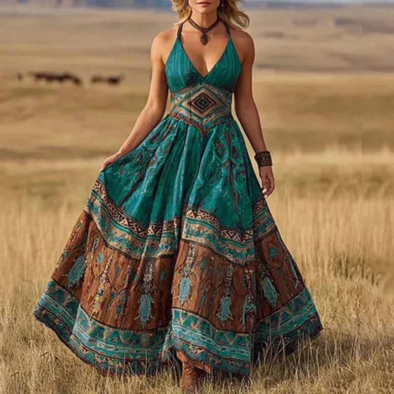 فستان ماكسي نسائي بوهيمي غربي بياقة على شكل V، بطبعة عرقية وقصة إمباير، بأشرطة رفيعة، مناسب للربيع والصيف والشاطئ والعطلات