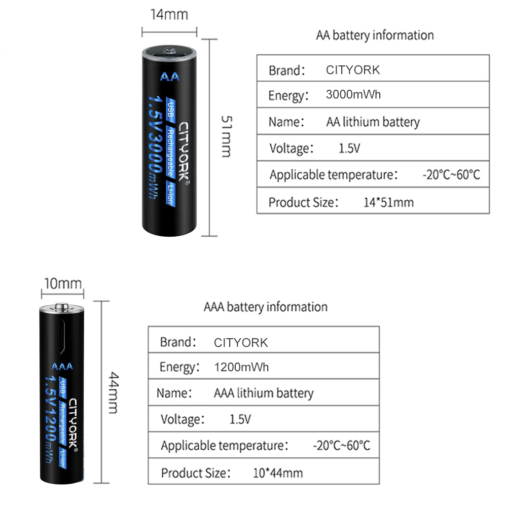 High capacity AA + AAA USB Rechargeable battery 1.5V AA 3000 mWh AAA 1200 mWh li-ion battery for Remote control wireless mouse