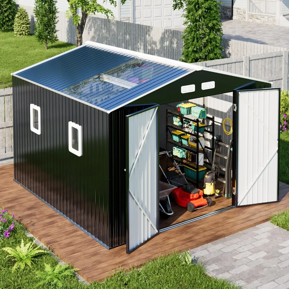 

Metal Shed 10x10 Sheds Outdoor Storage, Natural Lighting Tool Sheds with Translucent Roof Panels, Windows, and Lockable Doors
