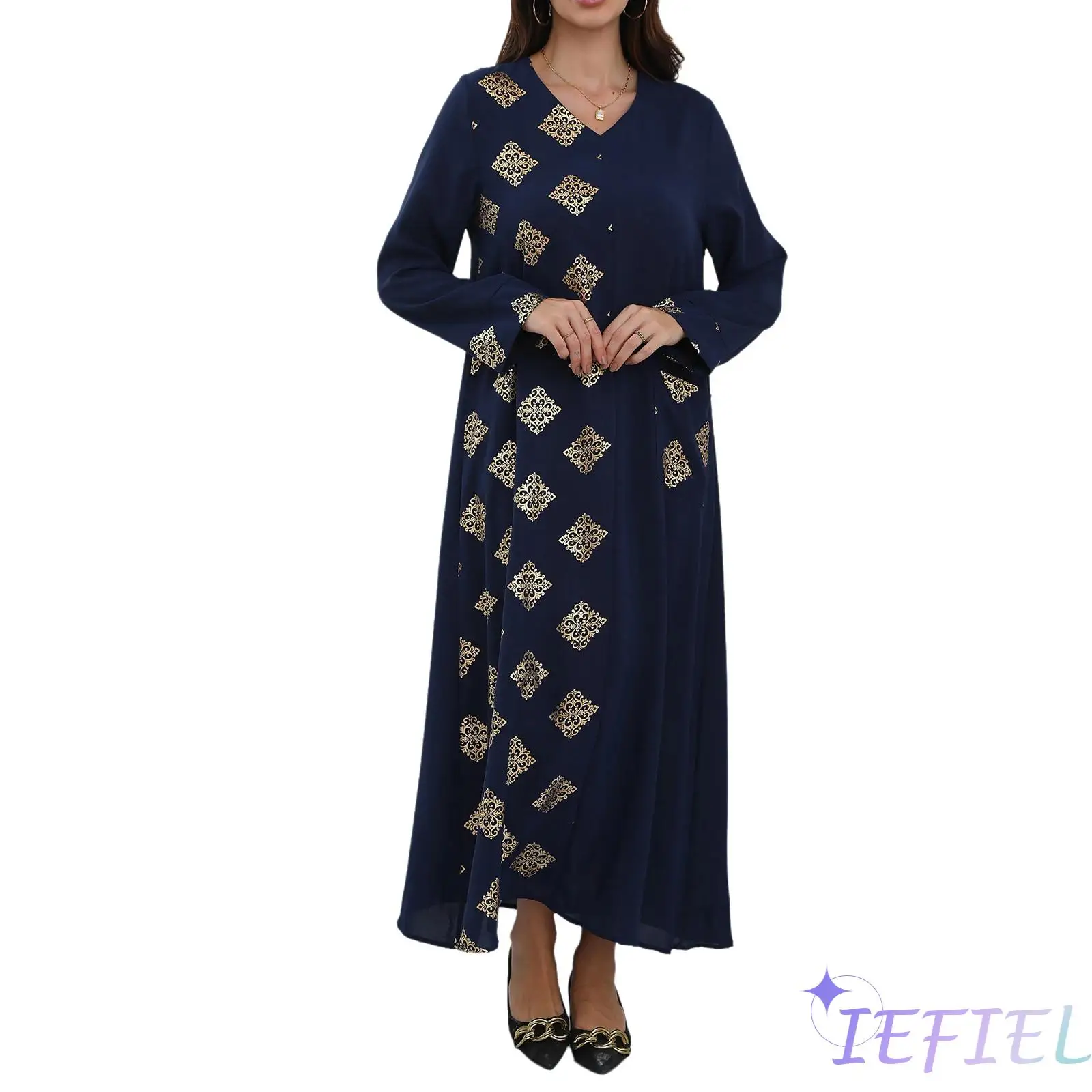 

Women elegant Metallic Floral Print Kaftan Dress V-Neck Long Sleeve Ankle Length modest Abaya Ramadan Dubai Robe for Women Party
