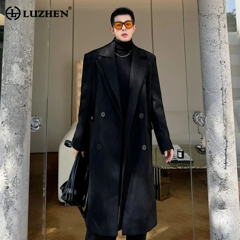 

LUZHEN 2025 зимний новый однотонный двубортный элегантный темпераментный шерстяной плащ мужской стильный длинный ветровка JY5058