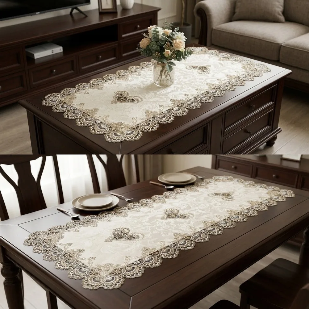 2 Pcs White Gray Rectangular Lace Hollow Floral Embroidered Table For Home Dining Banquet Decoration Fabric Tablecloth