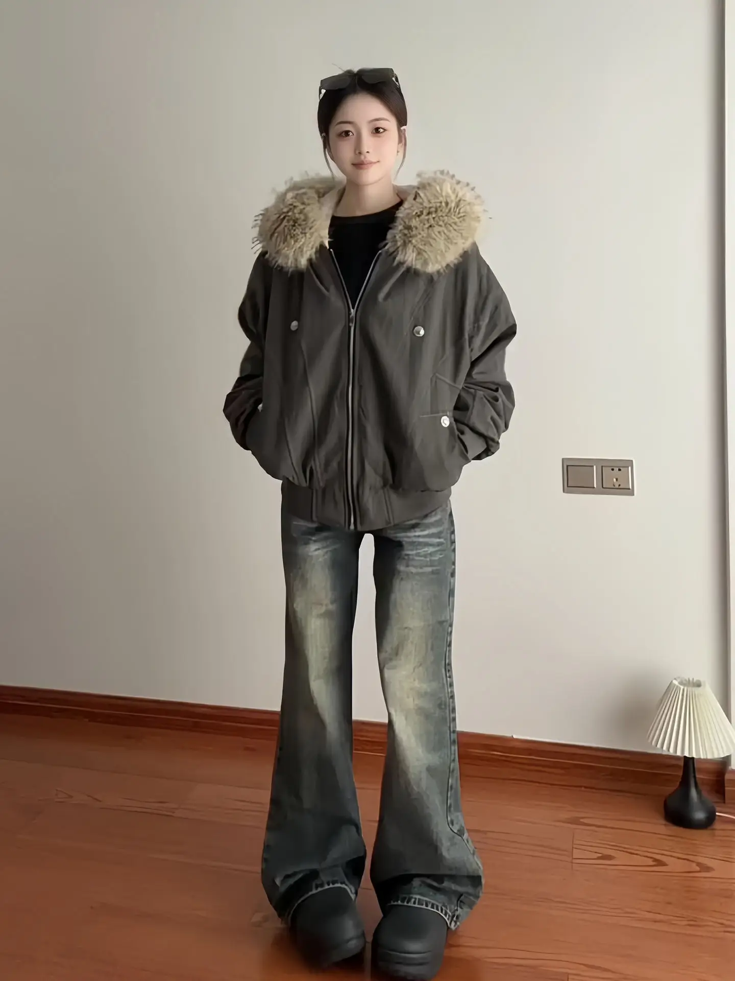 

Женская осенняя куртка-парка с декором в клетку, на молнии, с эффектом шерсти, с отделкой из меха лисы, на подкладке из меха, облегающая, для повседневной носки