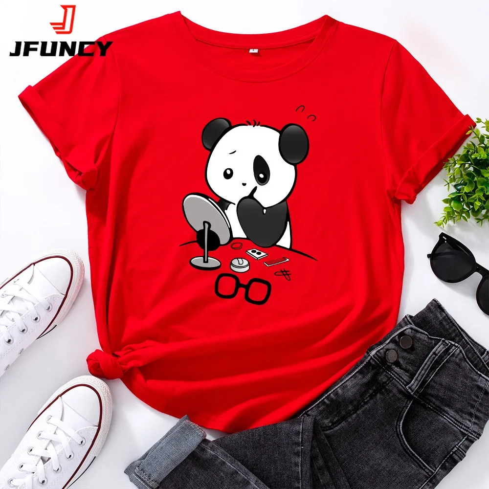 Summer Women T Shirt Panda Put on Makeup Fashion Female T-shirt 100% Cotton O-Neck Short Sleeve T-Shirts New Casual Tops